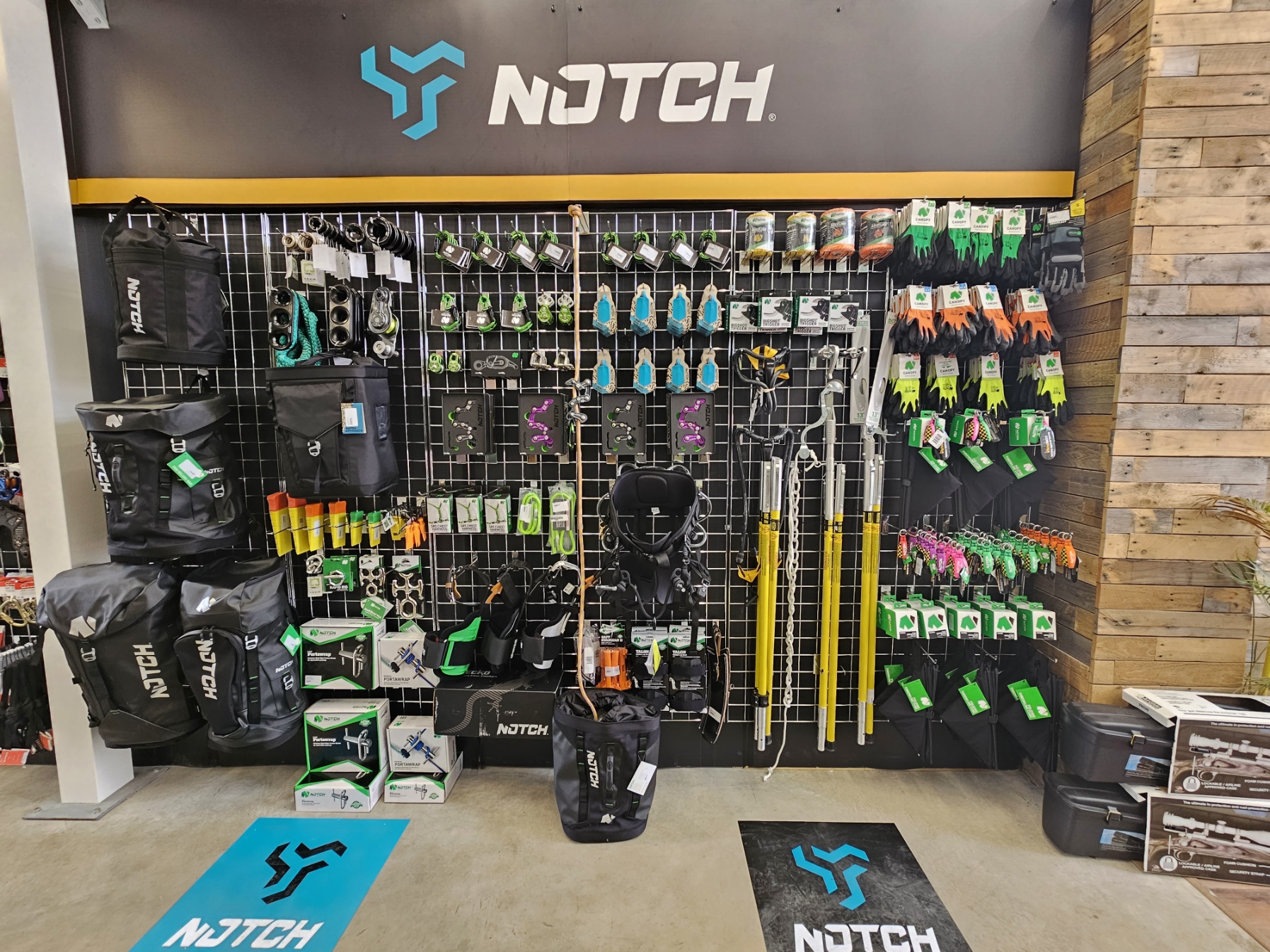 Display of various tools and equipment branded with 