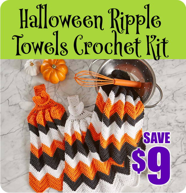 Save $9 on Herrschners Halloween Ripple Towels Crochet Kit (in image).