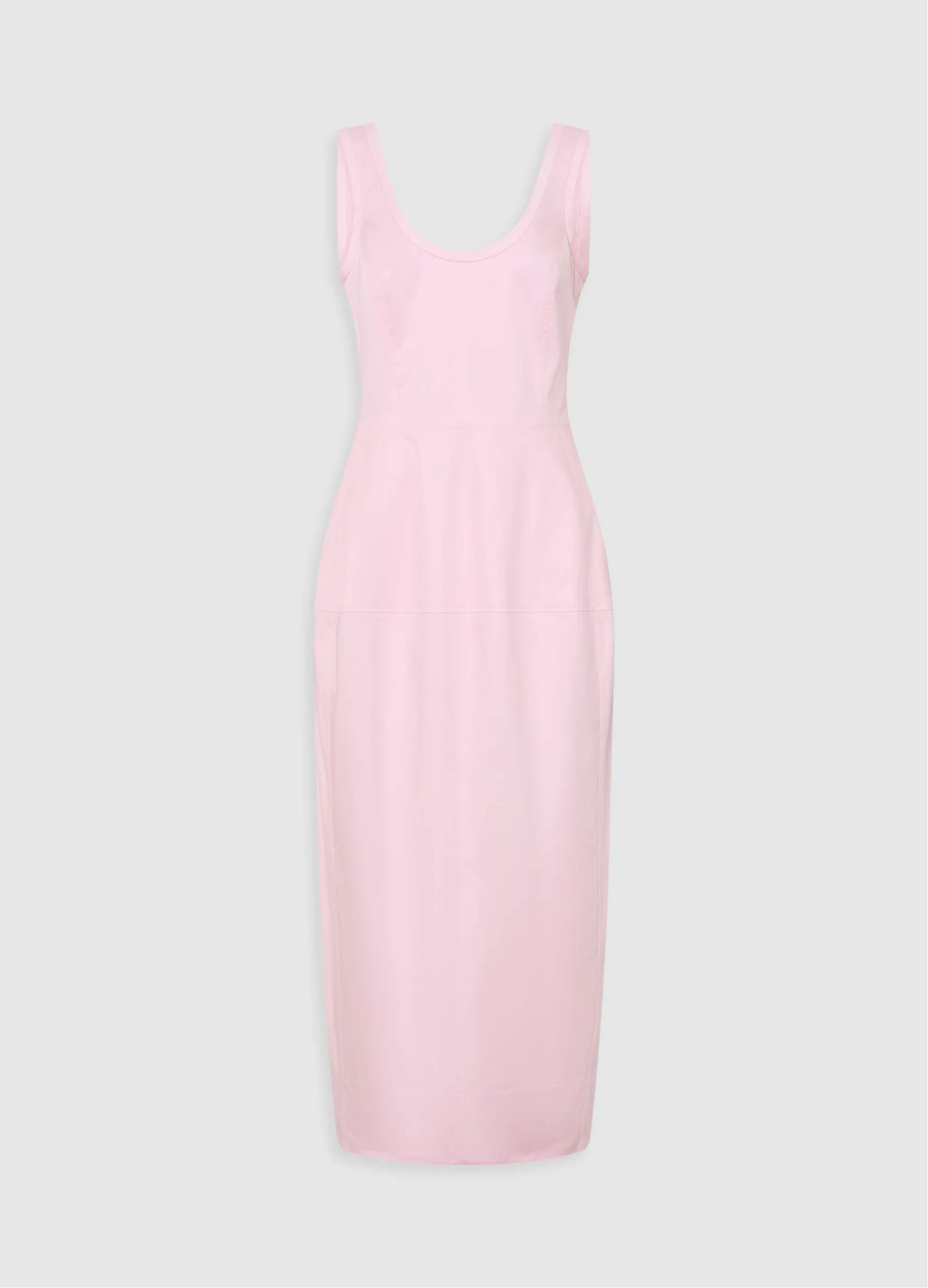 A simple pink sleeveless dress with a fitted silhouette.