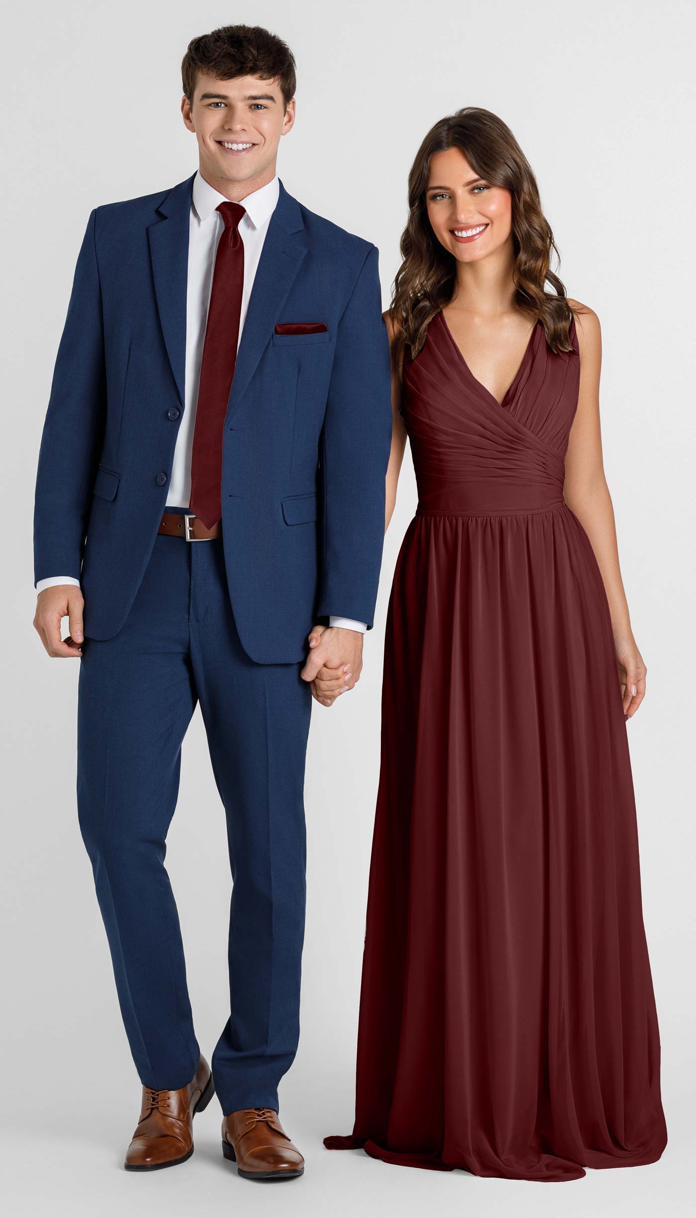 navy suit with maroon bridesmaid dress