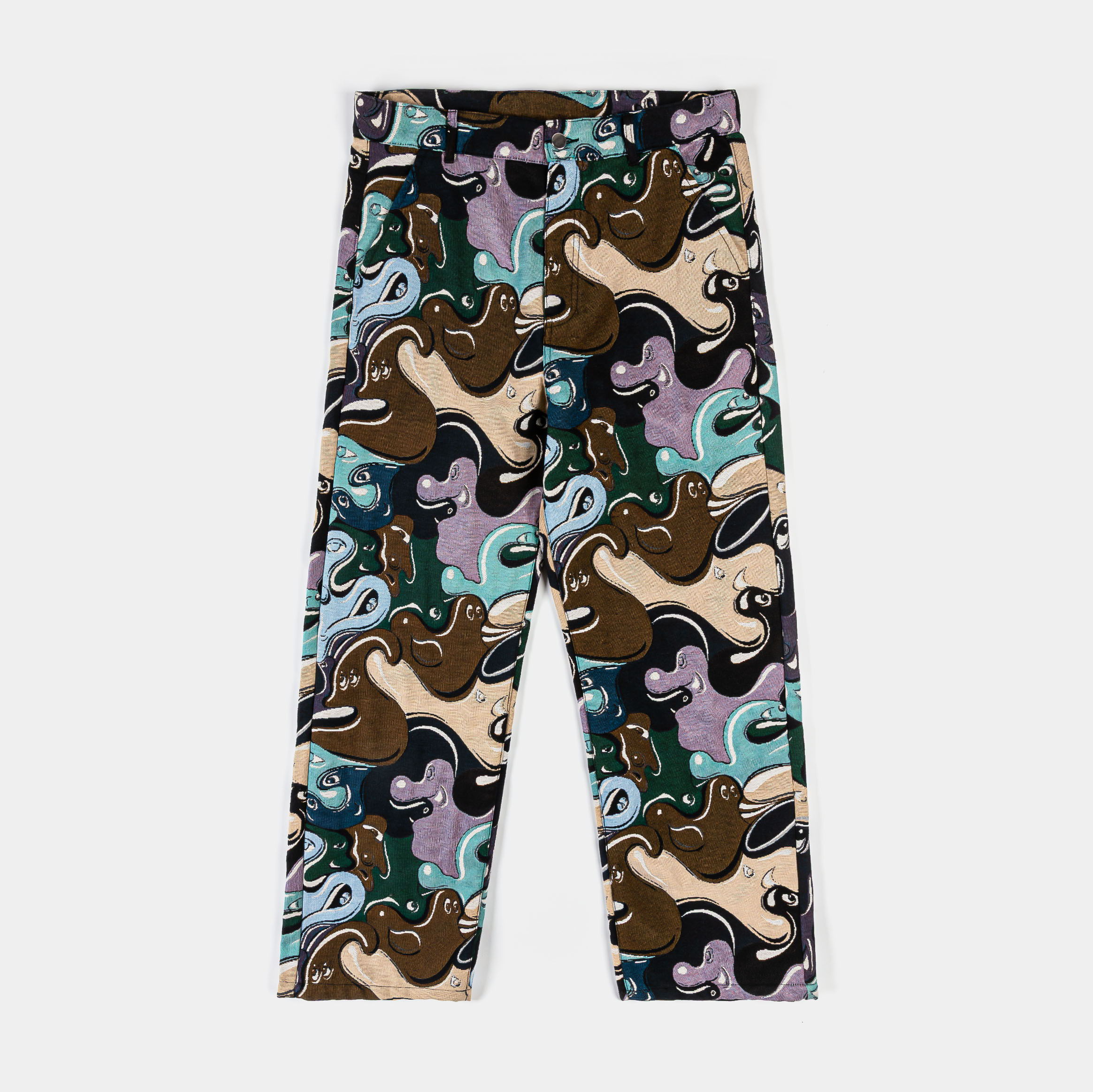 Colorful patterned trousers with abstract shapes in various shades.