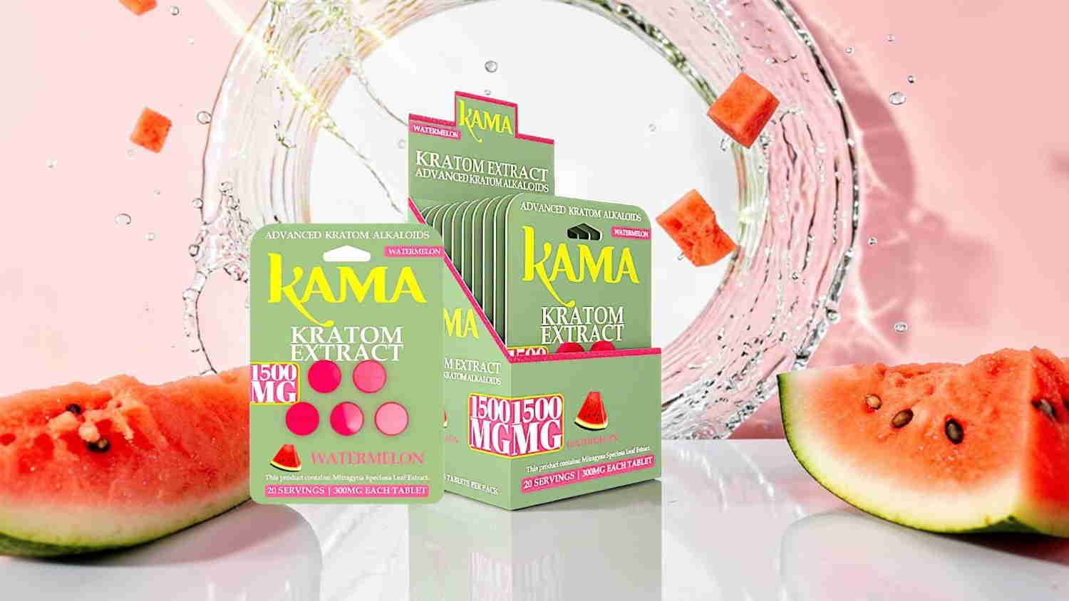 Watermelon-themed product packaging with slices and pink background.