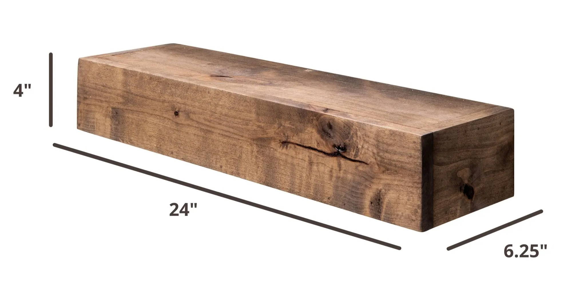 24 inches wide by 6.25 inches deep by 4 inches tall wall shelf