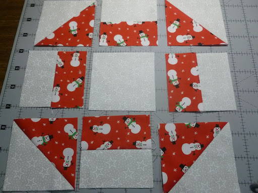 assembled quilt squares to a churn dash block
