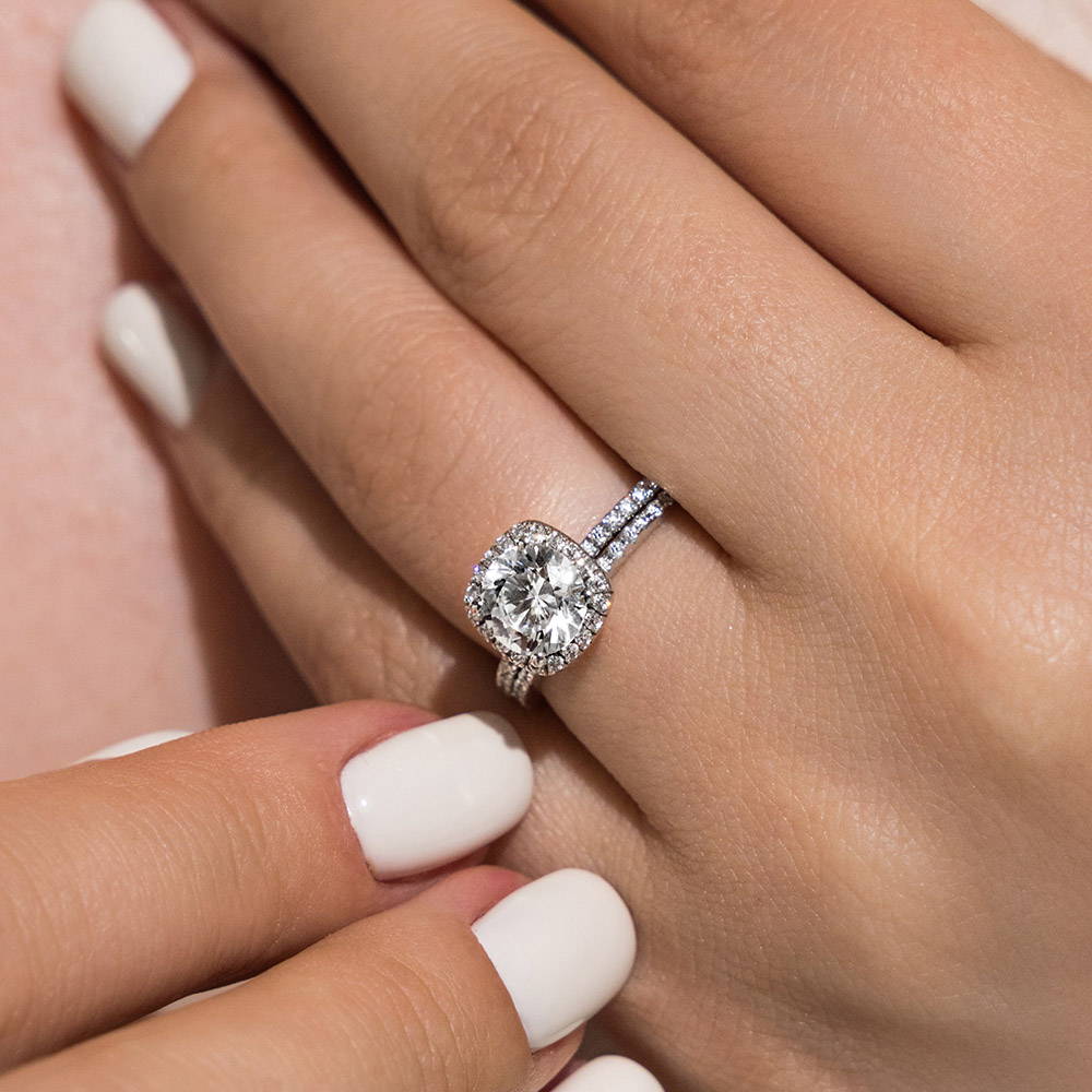 diamond accented halo wedding ring set with 2t round cut lab grown diamond