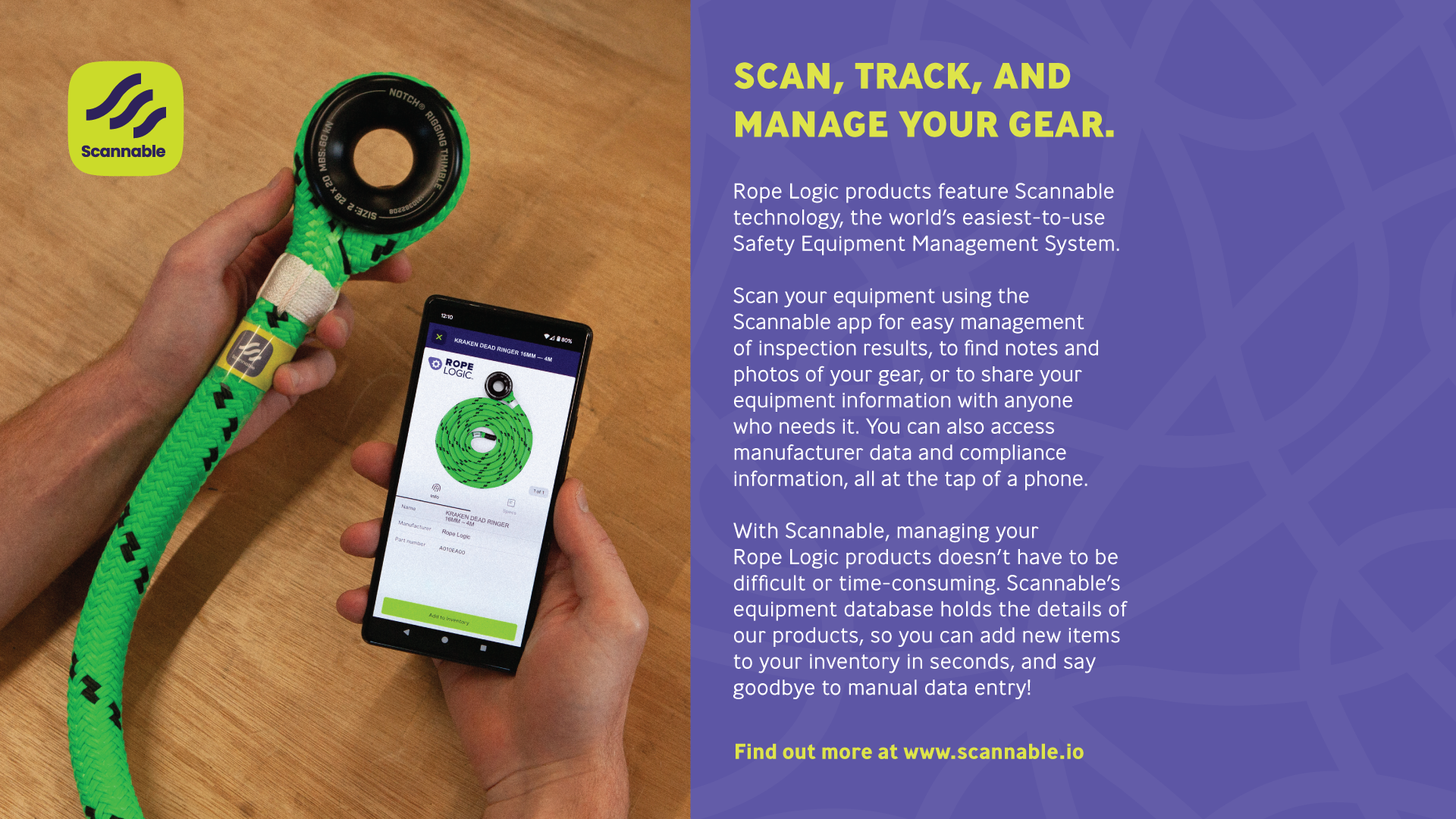 Image of a smartphone displaying gear management app next to a green tool.