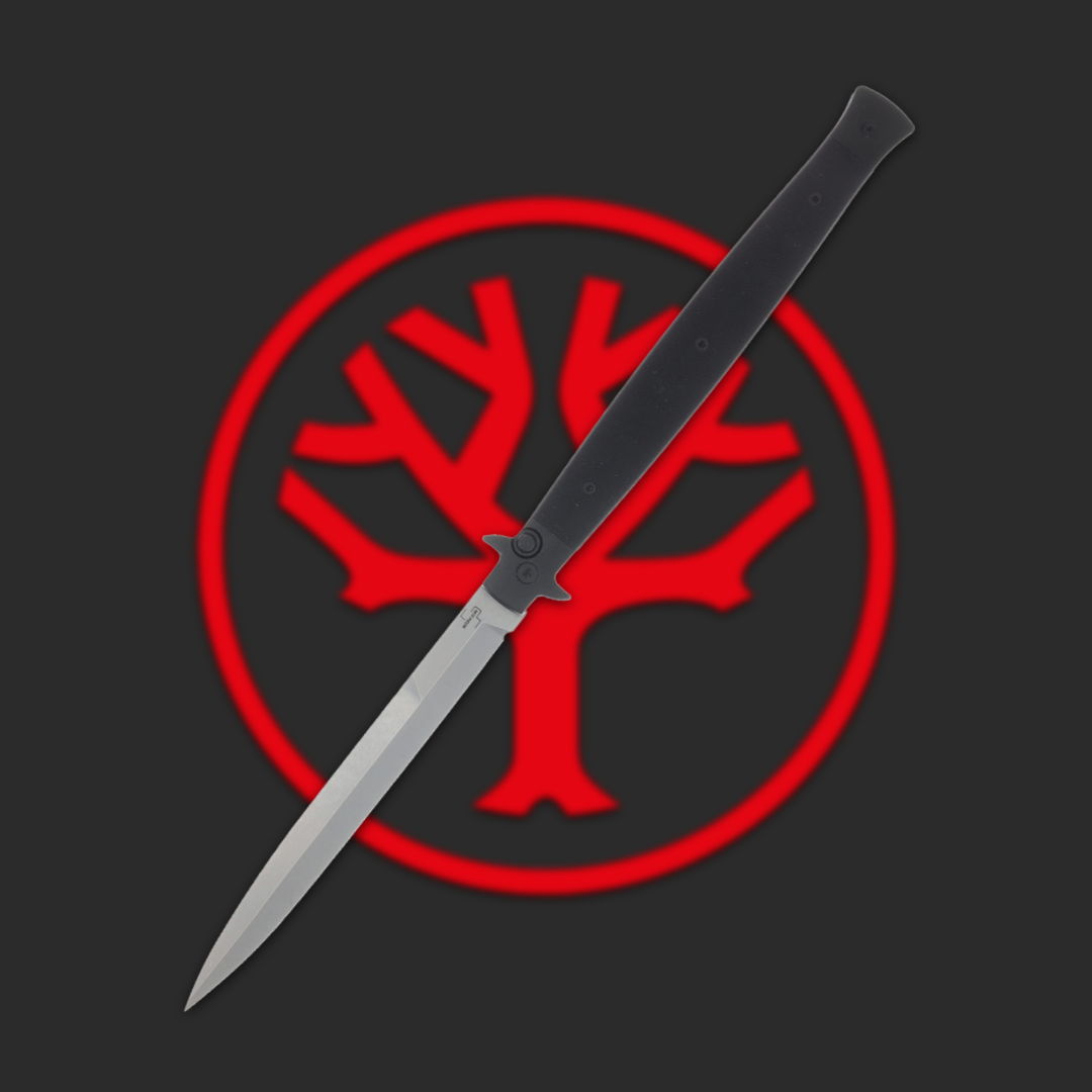 A knife overlaid on a red tree emblem.