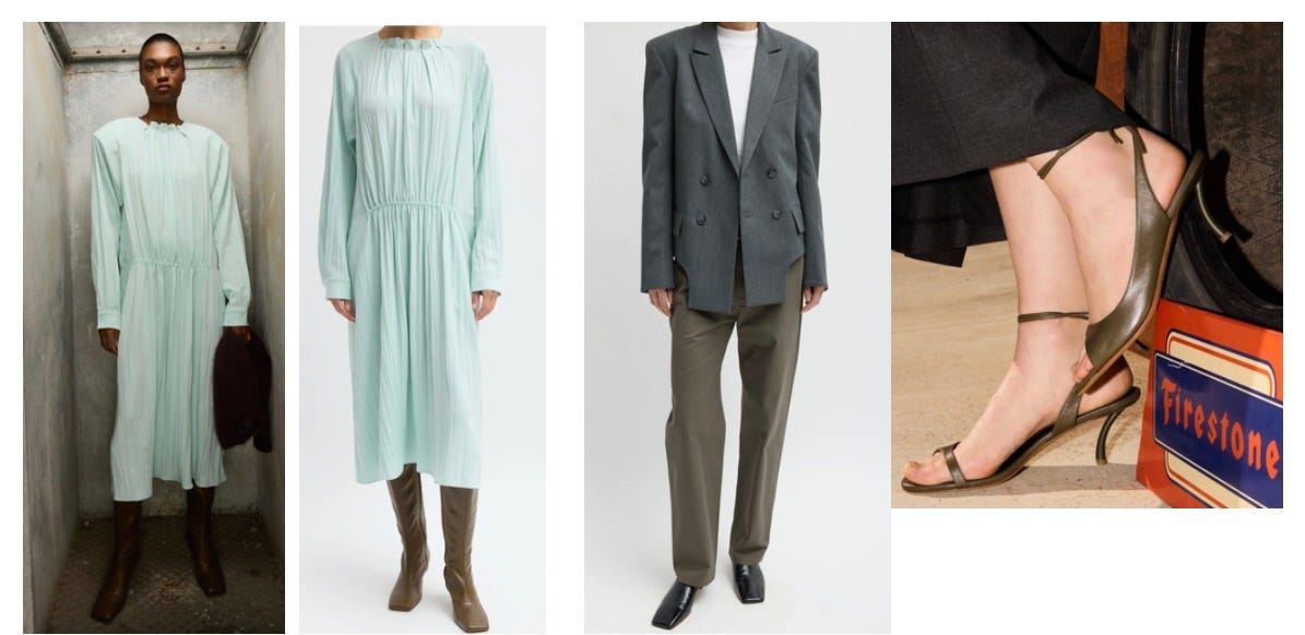 Fashion outfits featuring dresses, suits, and stylish footwear.