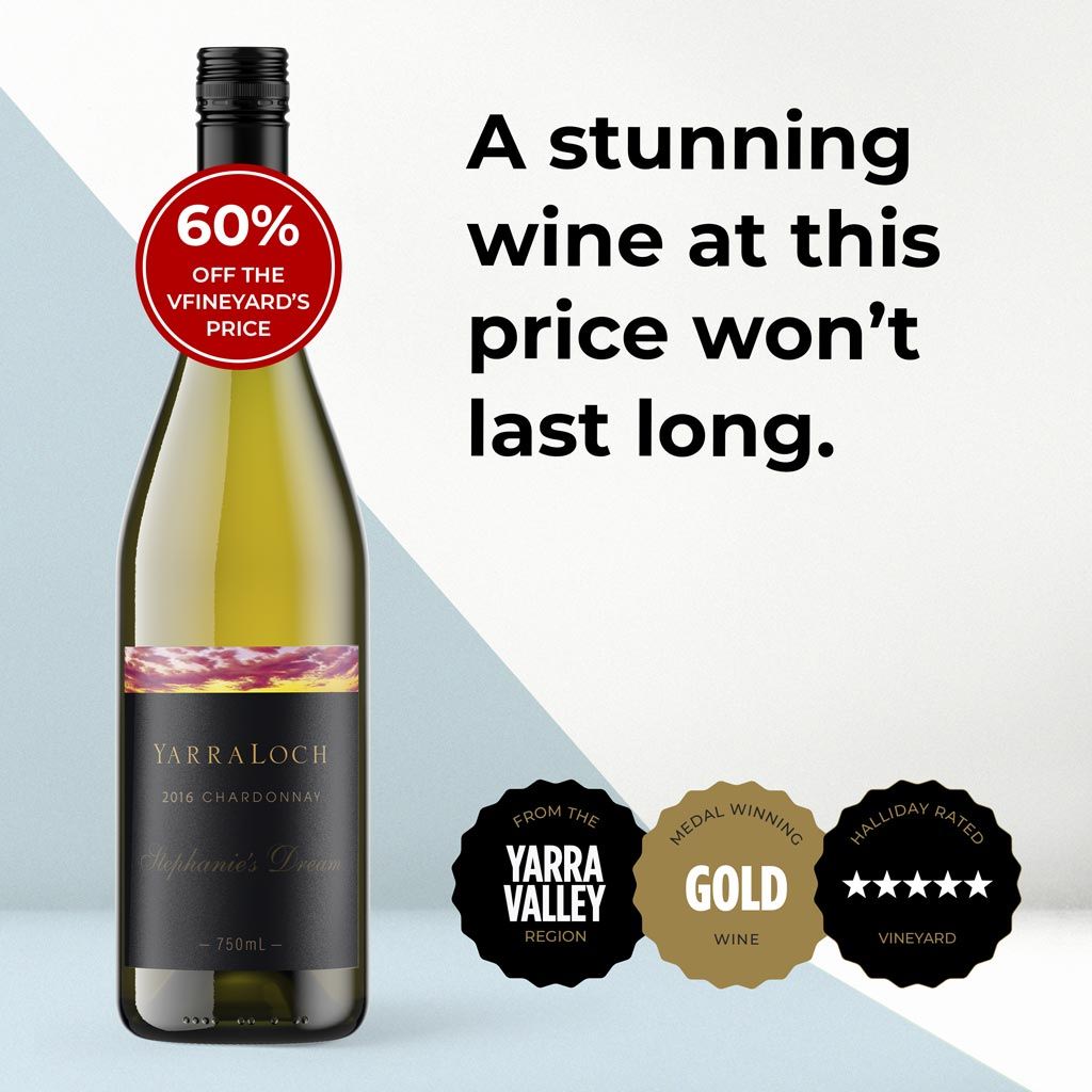 A bottle of wine with promotional text and award badges.