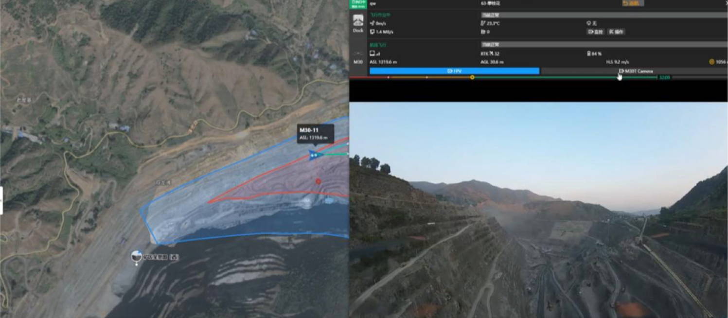 DJI Dock 3 monitoring interface showing mine survey area, mission data and live aerial view