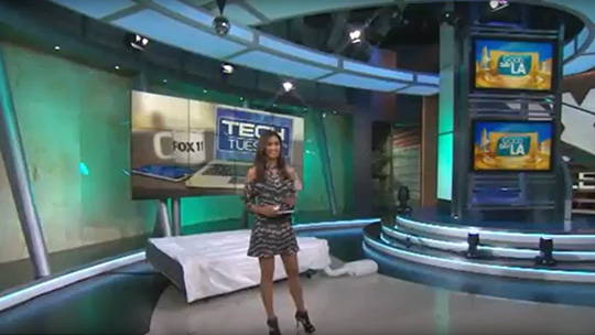 A still from FOX Tech Tuesday news segment, showing a female host discussing the BedJet