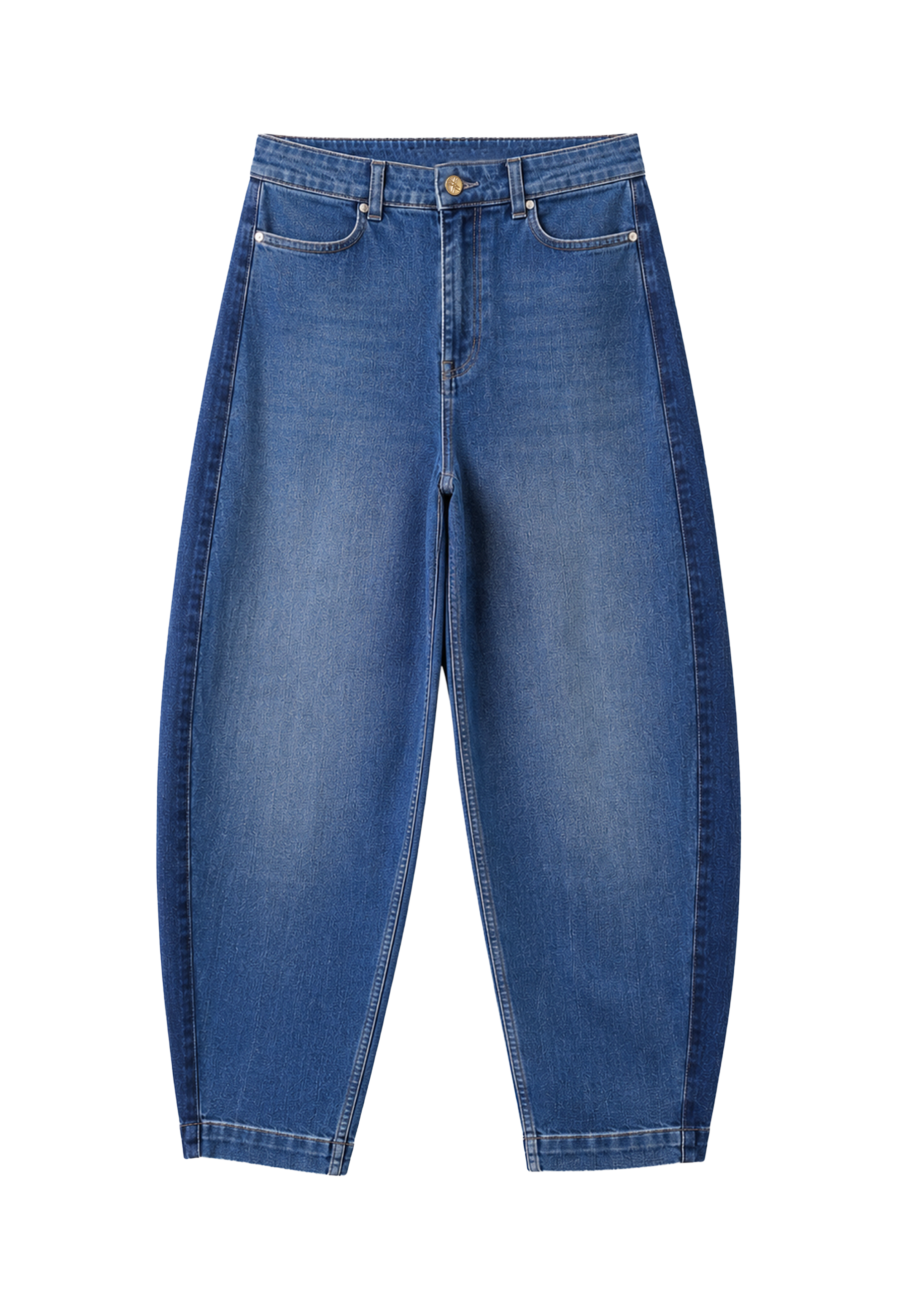 A pair of blue denim jeans with a relaxed fit.