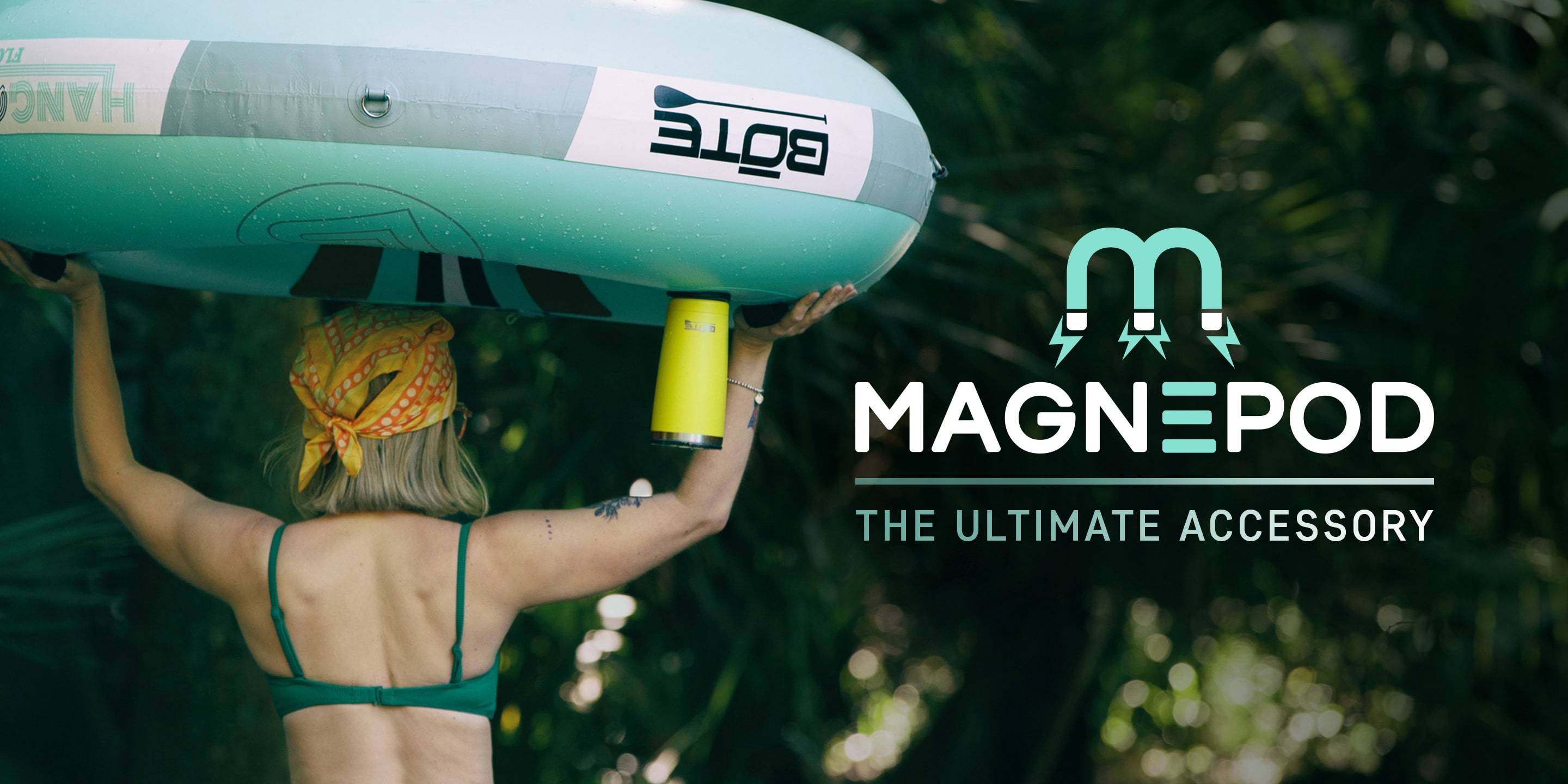 MAGNEPOD hero image with woman carrying FLOATube upside down 