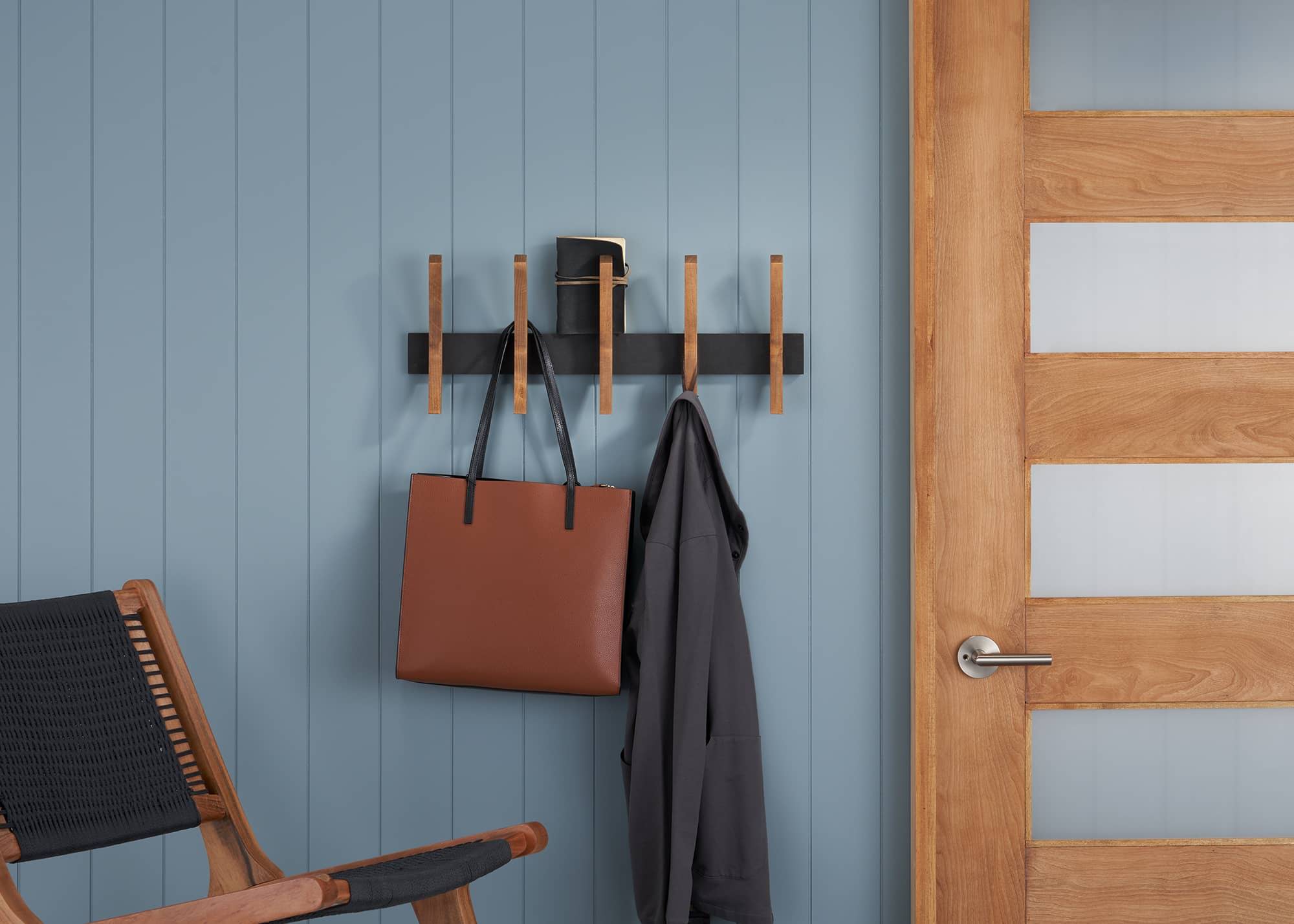 mid-century style wood wall rack with 5 hooks