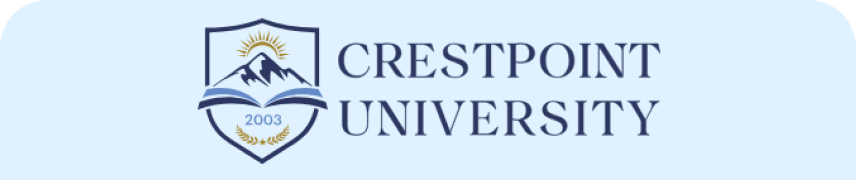 Crestpoint University logo featuring mountains and an open book.