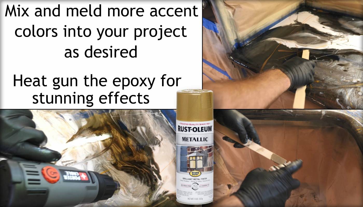 Mix and meld more accent colors into your project as desired. Use a heat gun on the epoxy for stunning effects.