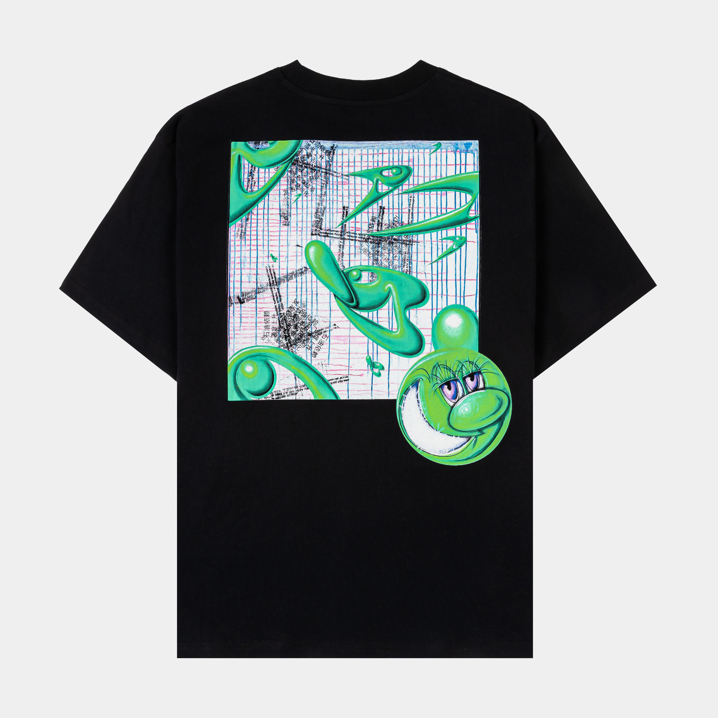 Black t-shirt featuring three circular designs and text below.