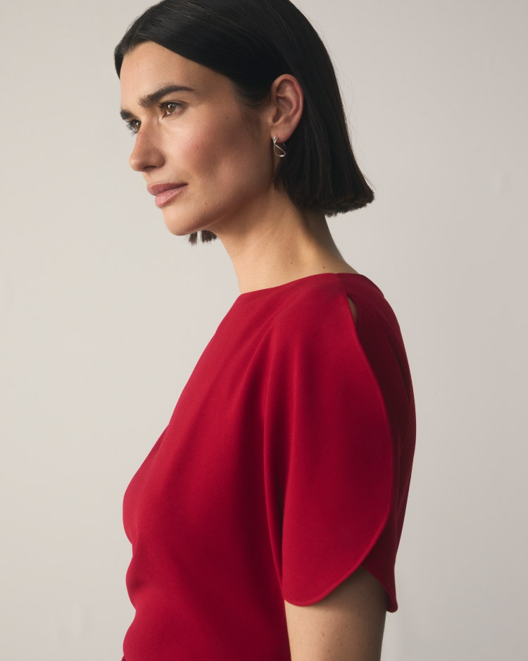 Model wearing deep red Salerno dress