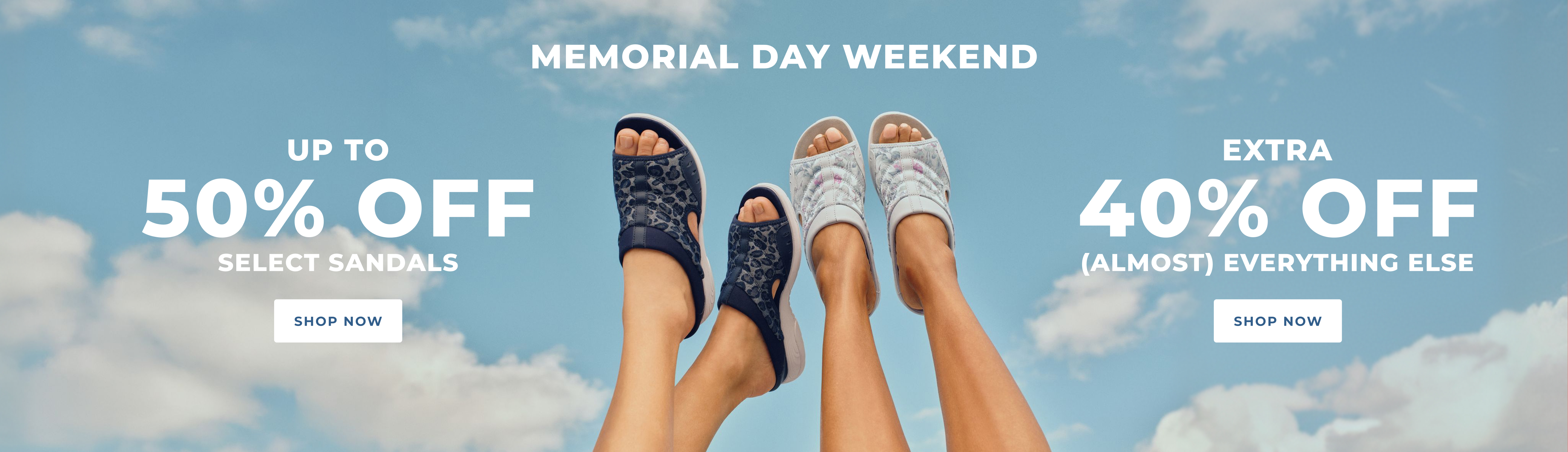 Feet in sandals against a blue sky, promoting a sale.
