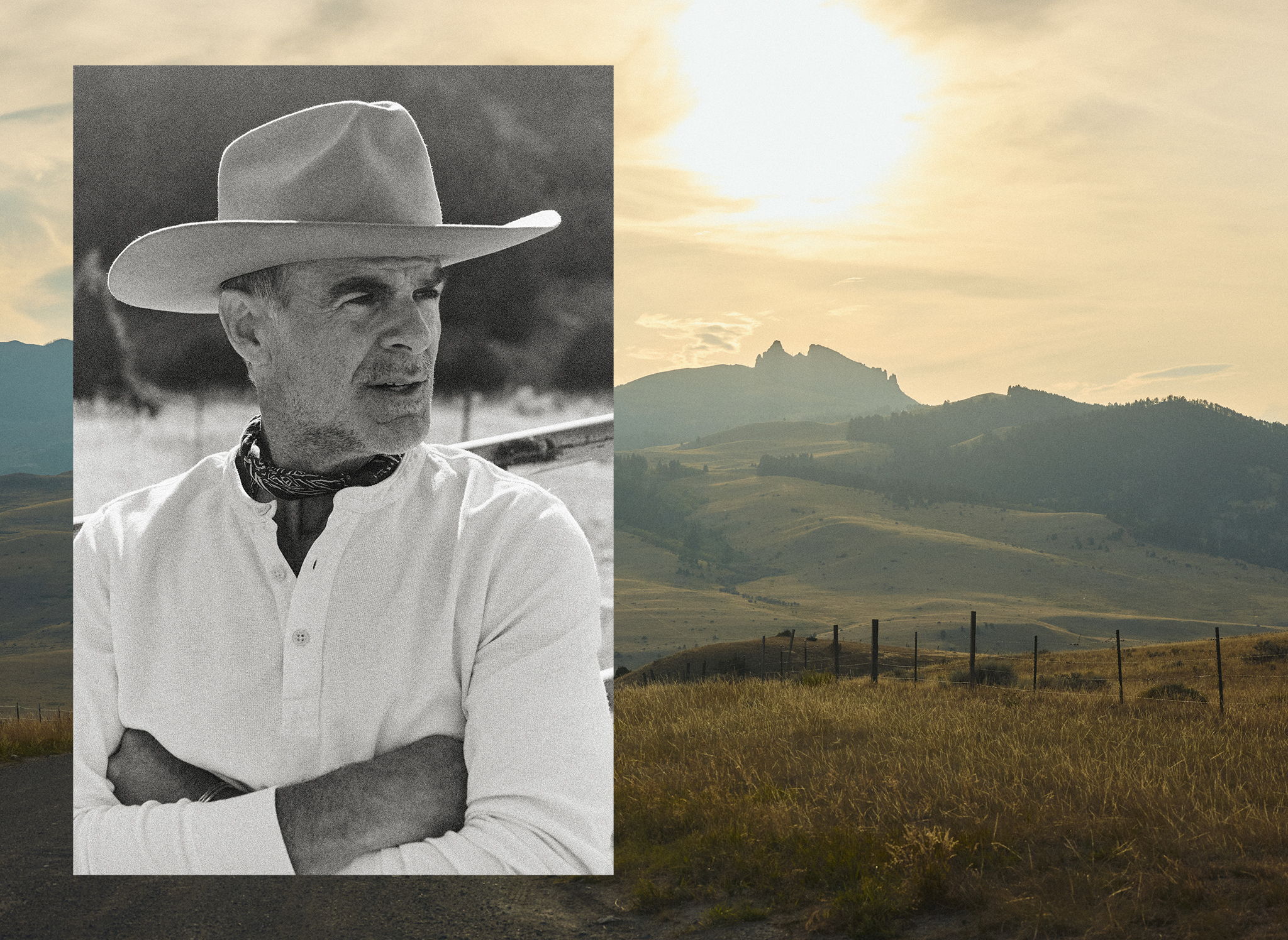 A portrait of Michael Kelly in the Gibson Waffle Henley in Antique White and the Rivay Indigo Discharge Selvedge Bandana over a sunlit backdrop of Montana Mountains and fields