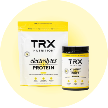 TRX Nutrition protein and fiber supplements in yellow packaging.