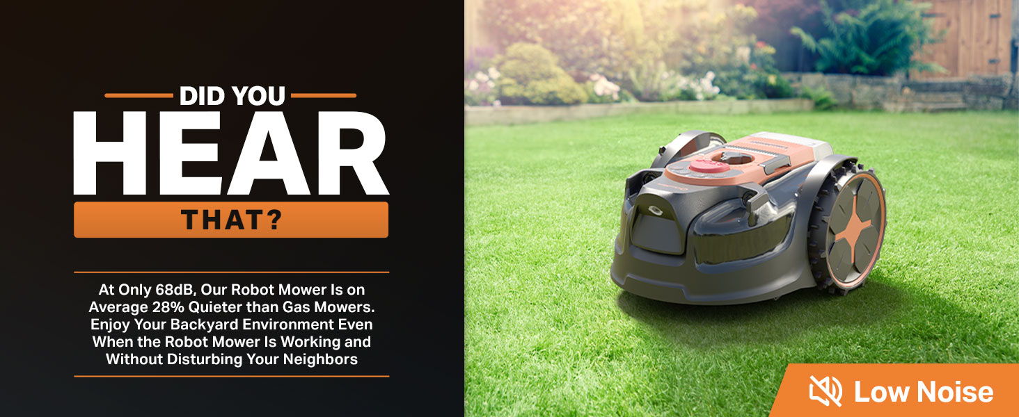 Robotic lawn mower on a grassy lawn with text about noise reduction.