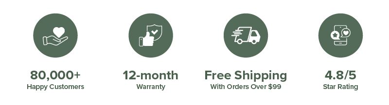 Statistics: 100,000+ customers, 12-month warranty, free shipping, 4.8/5 rating.