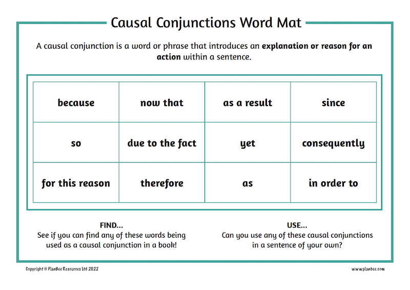 FREE Causal Conjunctions Word Mat by PlanBee