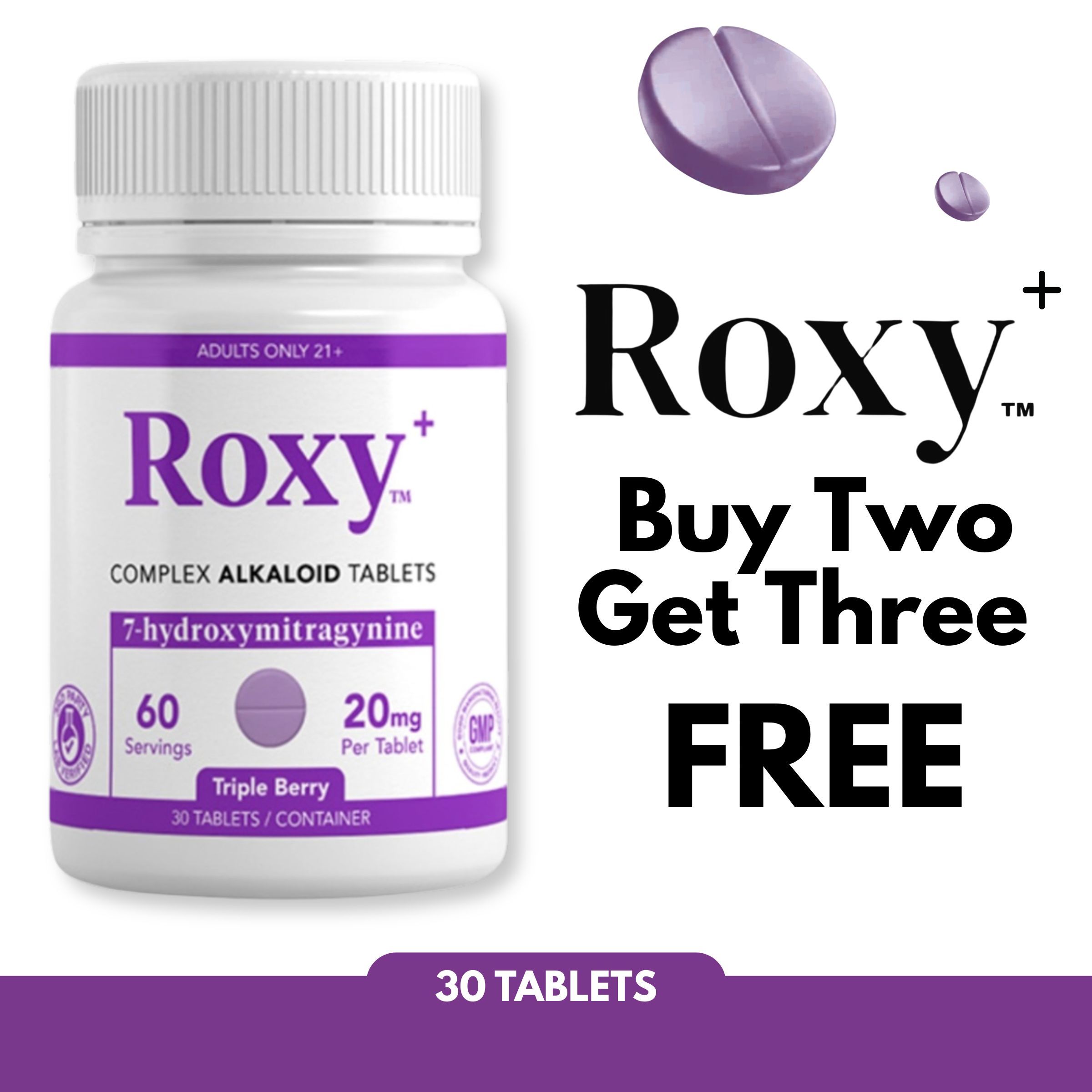 Roxy complex alkaloid tablets, promotional offer: buy two, get three free.