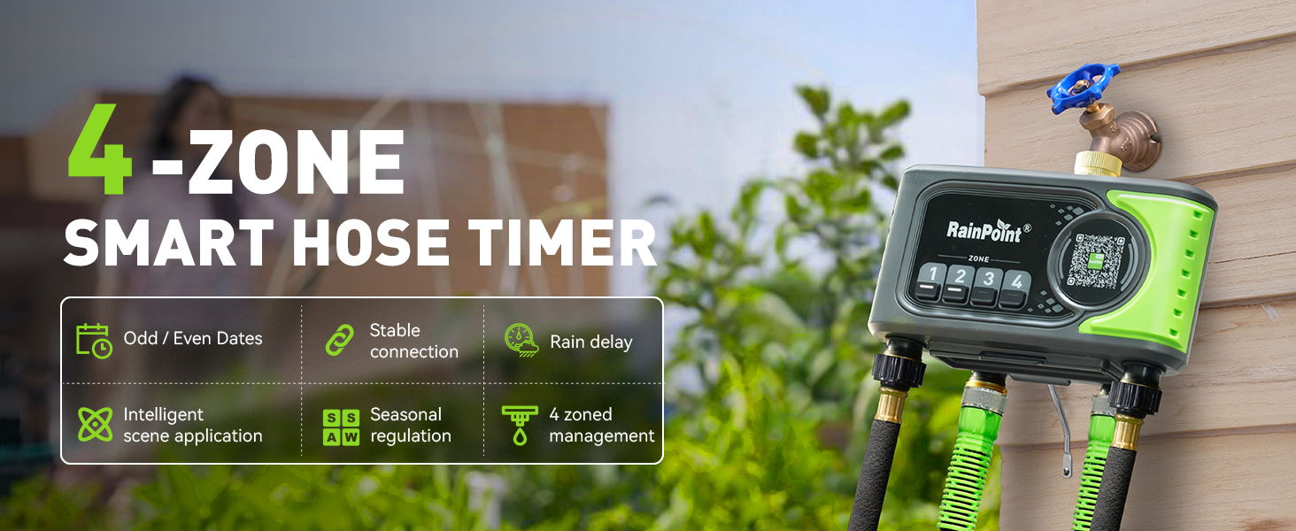 4-zone smart hose timer with user interface and outdoor setting.