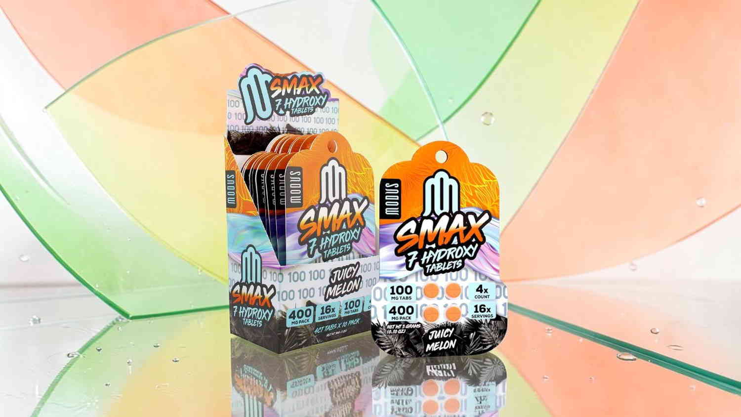 Two colorful packaging boxes on a reflective surface with a vibrant background.