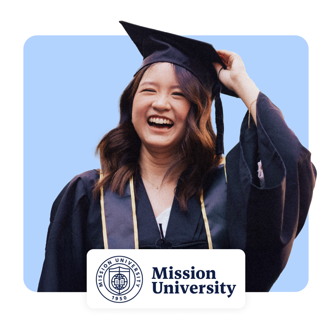 Happy graduate wearing a cap and gown, celebrating at Mission University.