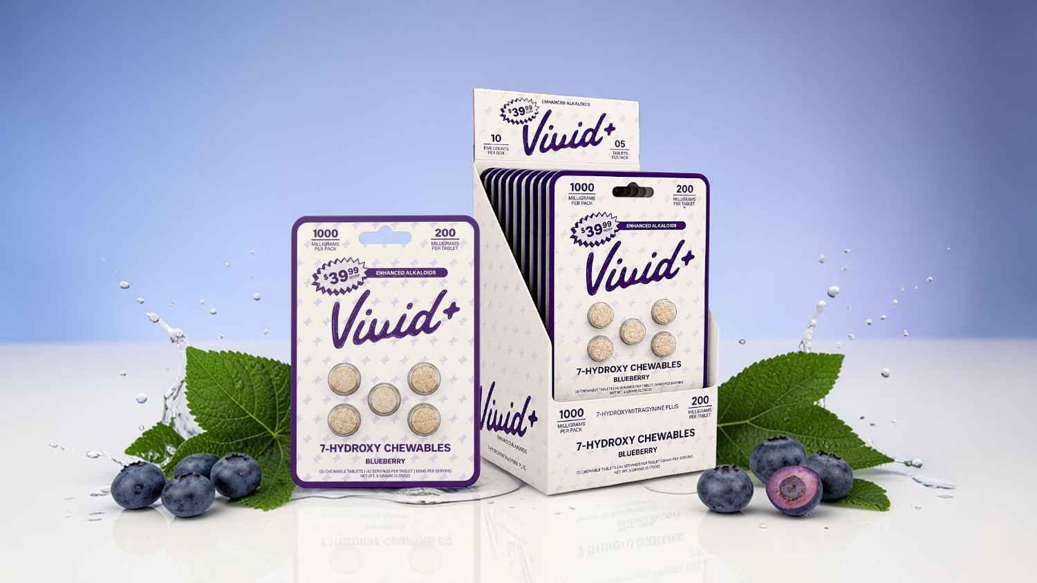 Vivid packaging with dietary supplements and blueberries on a light background.