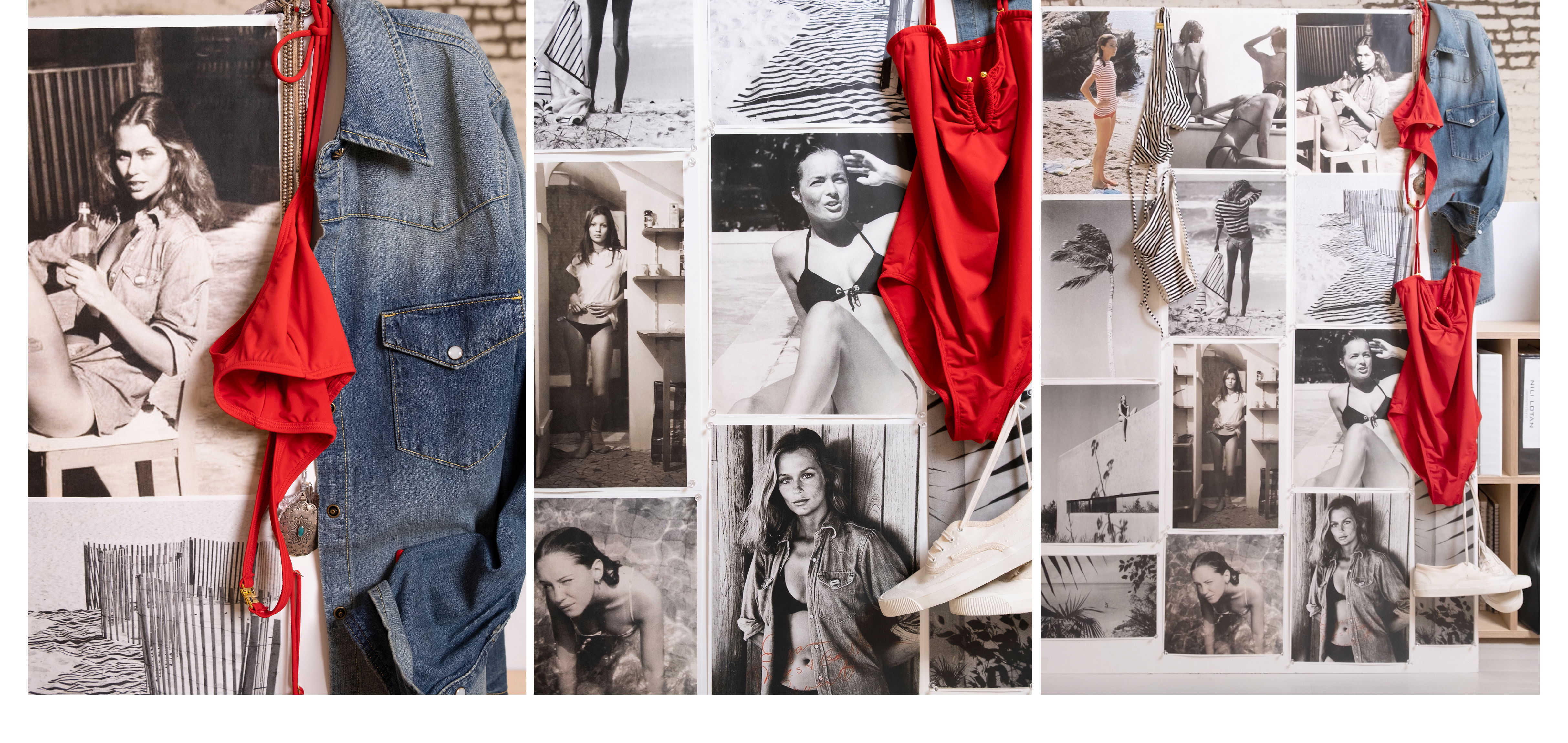 Collage of black-and-white photos with red fabric and denim.