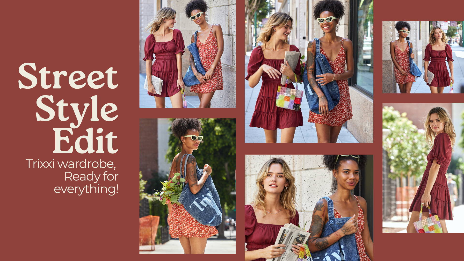 Street style edit, trixxi wardrobe ready for everything- girls walking in the sunny city in a maroon ruffle tier mini dress and red with white floral printed strappy tank dress. 