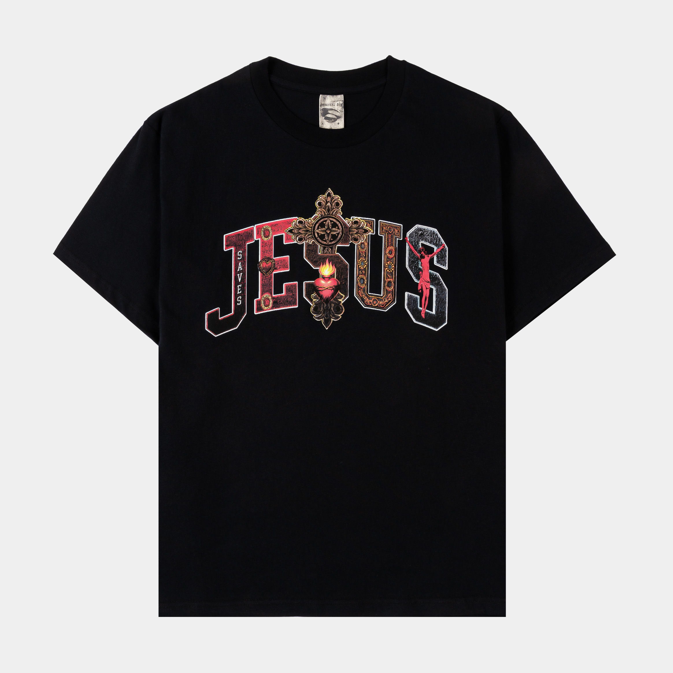 Black t-shirt featuring decorative text spelling 