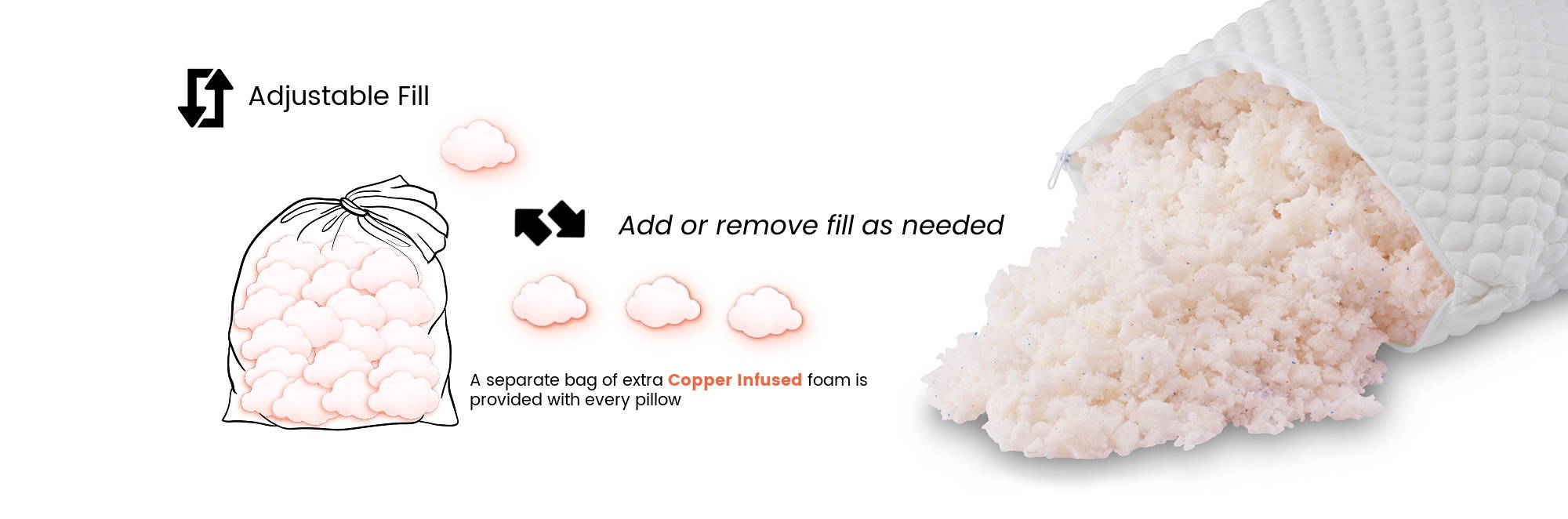 An open pillow with the adjustable fill copper gel memory foam spilling out and an extra bag of foam so you can add or remove fill as needed for the best comfort. A separate bag of fill comes with your pillow.