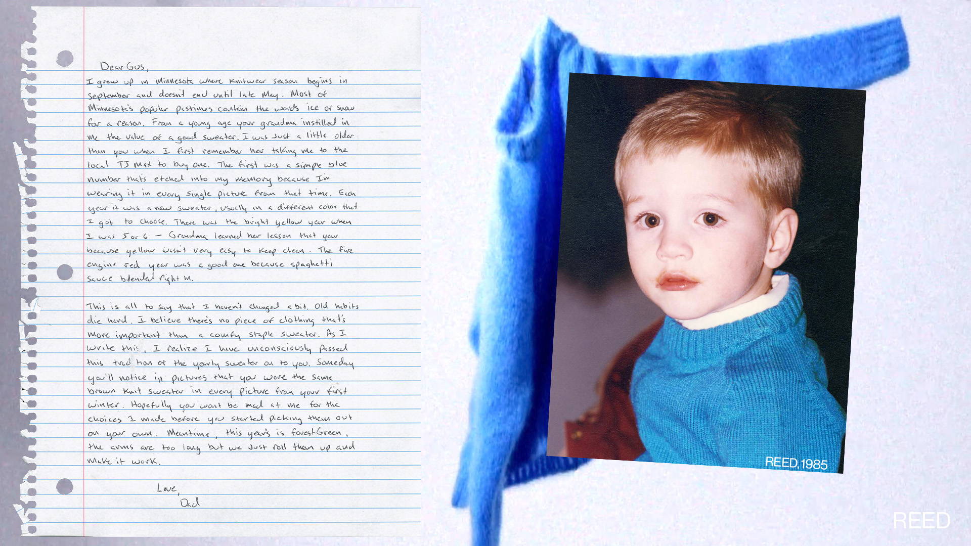 collage of letter and photo of young child in blue sweater