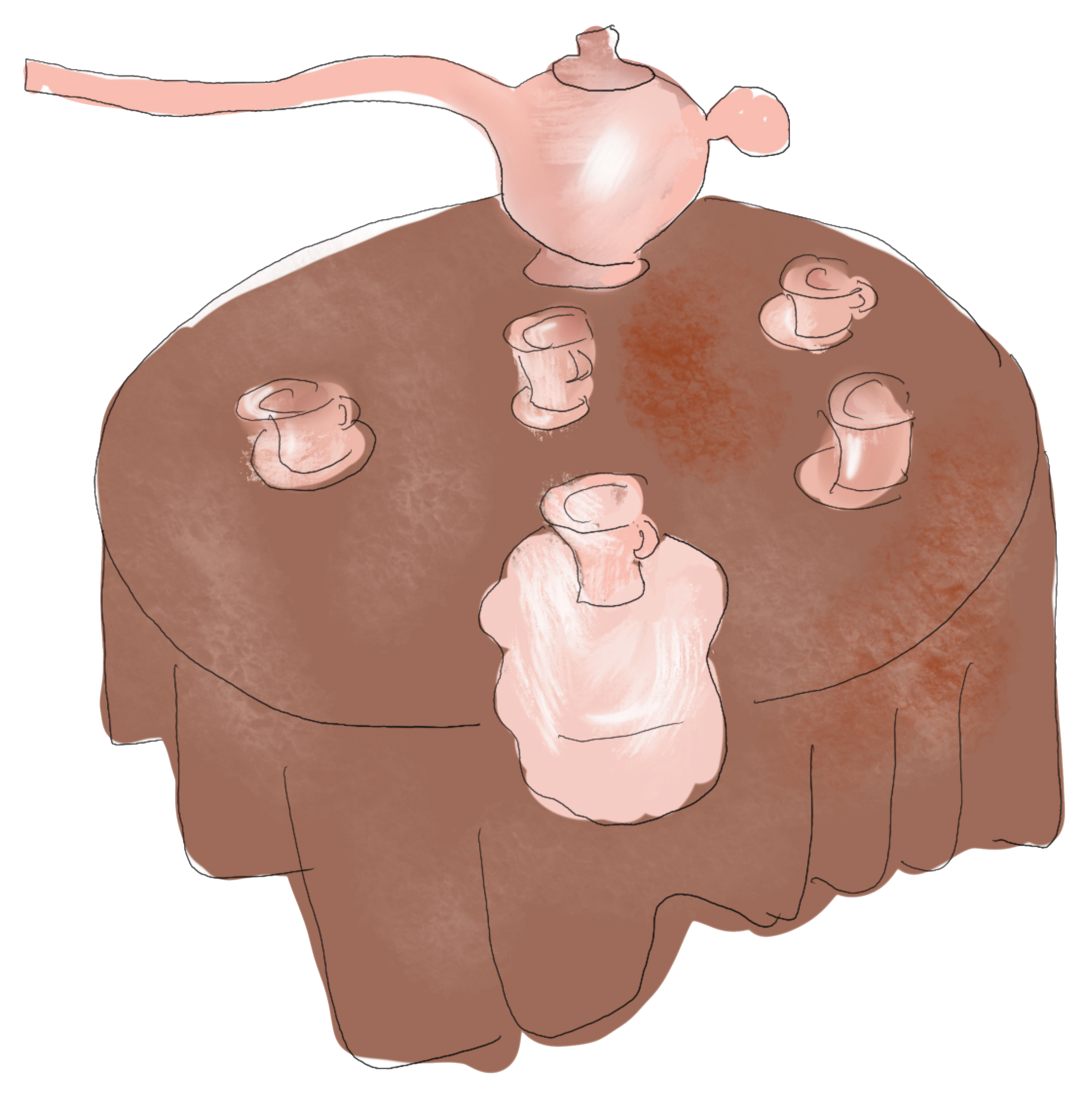 Illustration of a table with a teapot and teacups