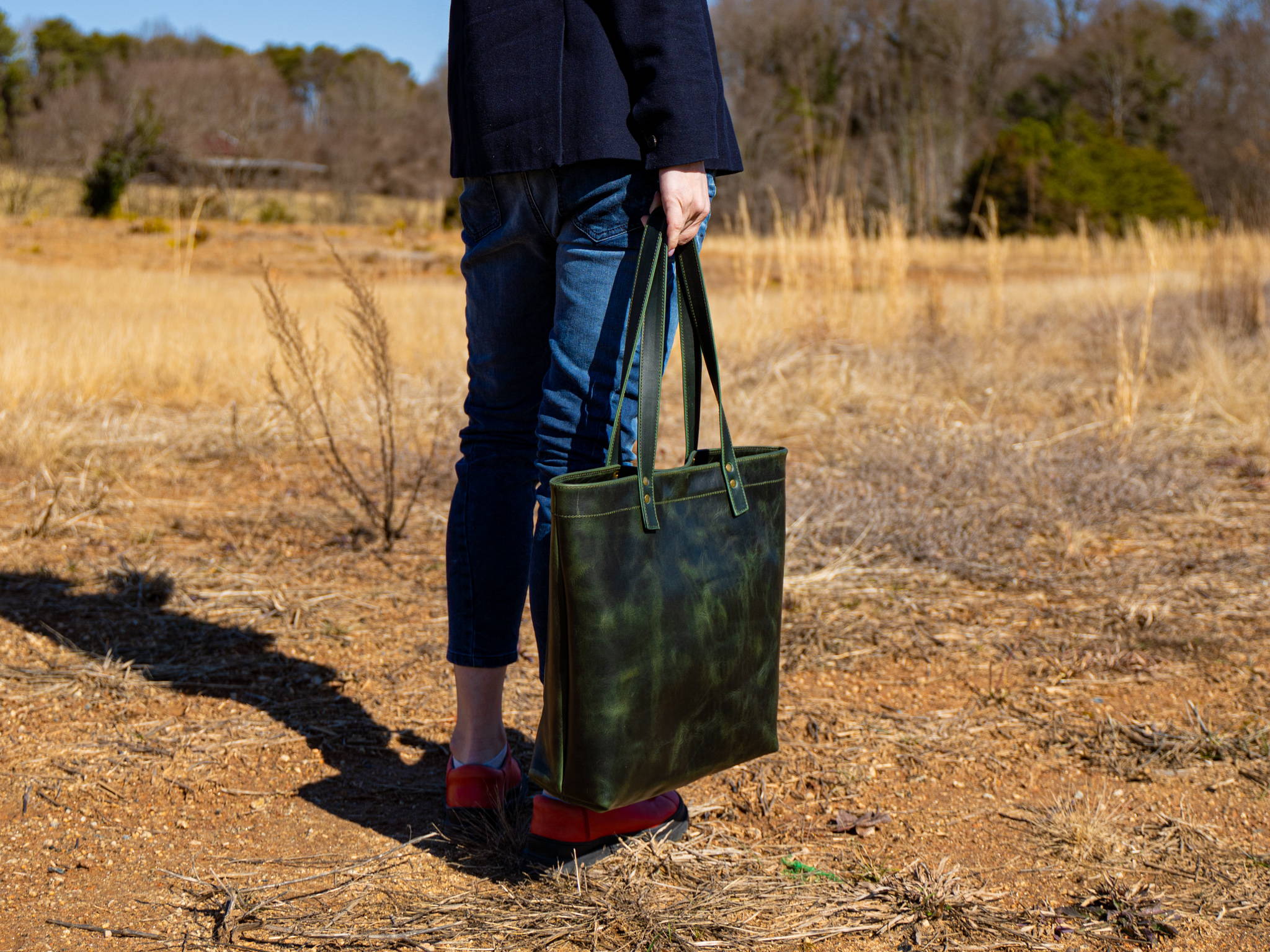 green tote leather bag