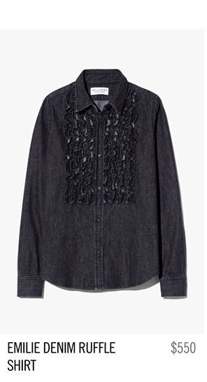 Denim ruffle shirt displayed on a white background with price.