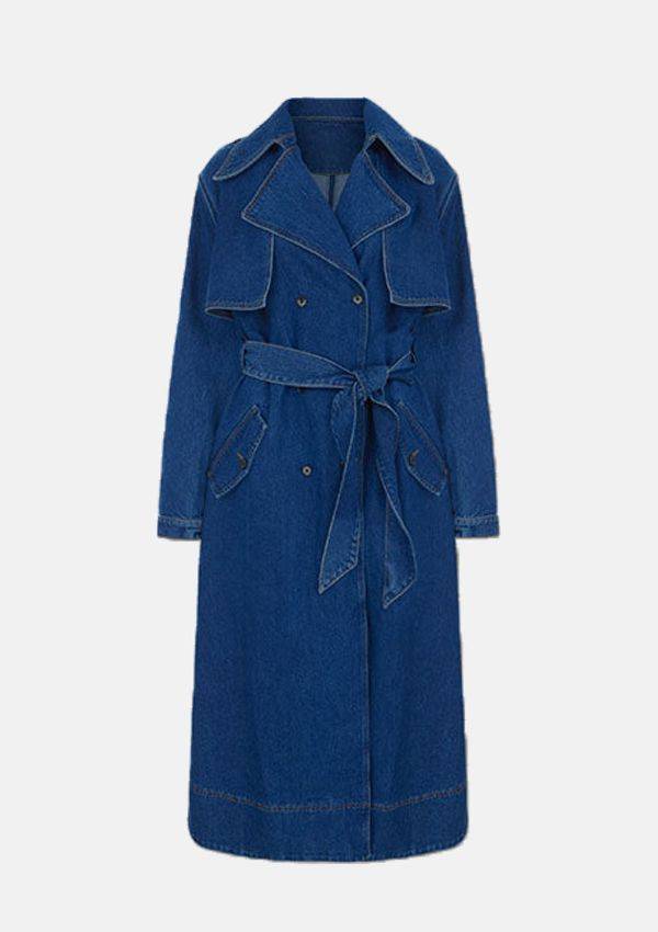 Product image of Aligne Jamison Denim Trench Coat in Mid Wash denim with wide lapels, button fastening and waist tie.
