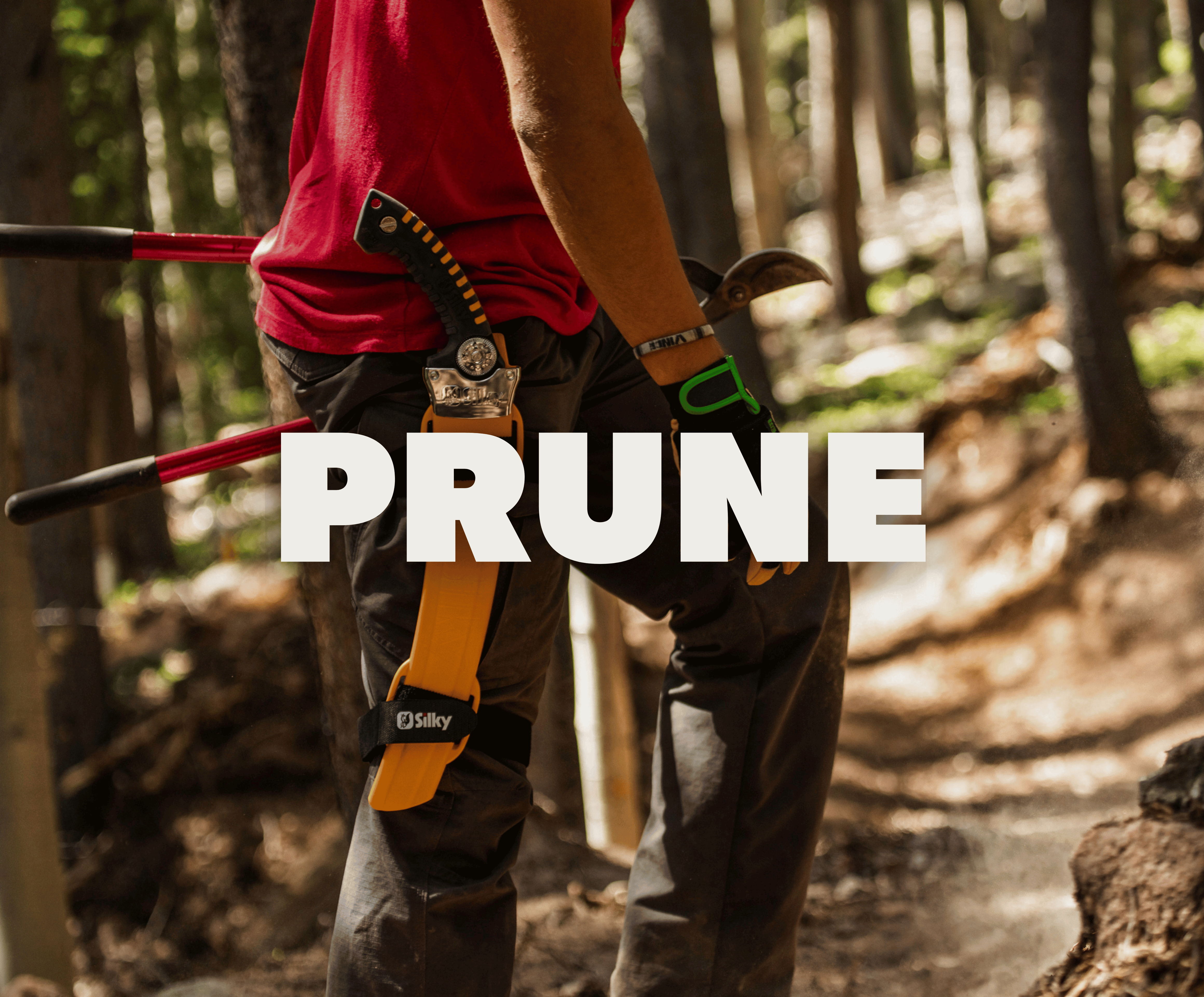 Person in forest wearing gardening gear, with the word 