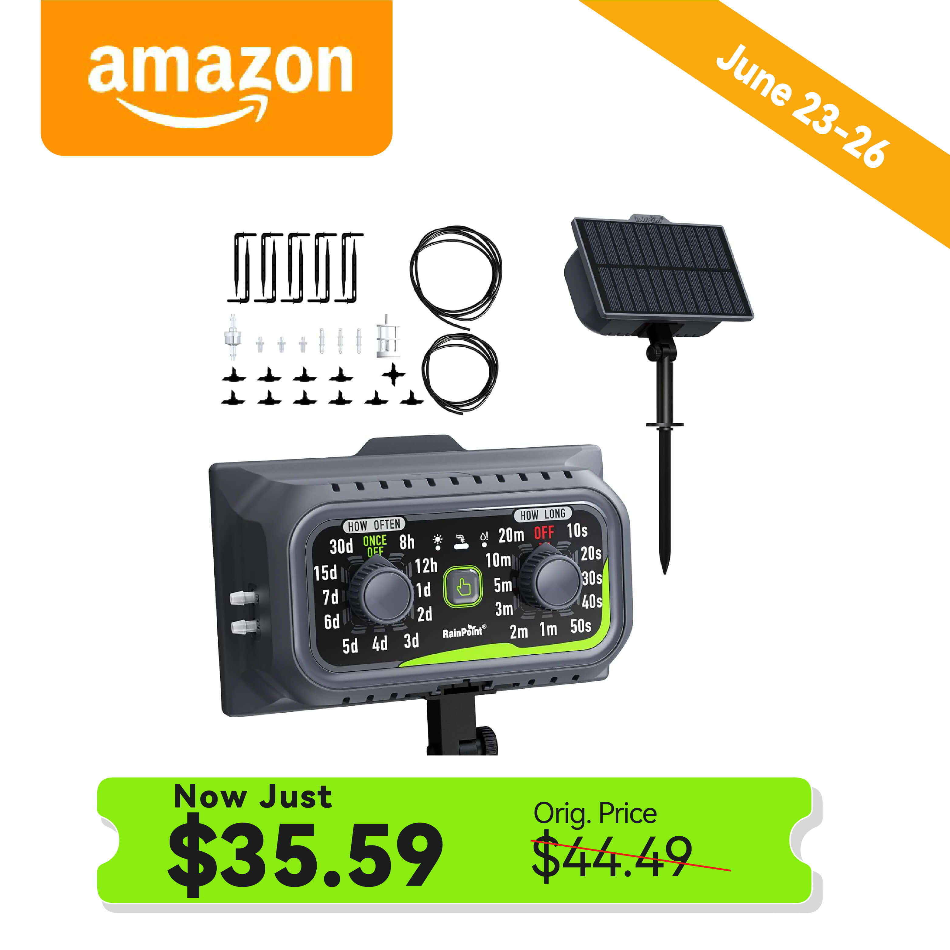 Solar timer with accessories, discounted price, and promotional dates displayed.