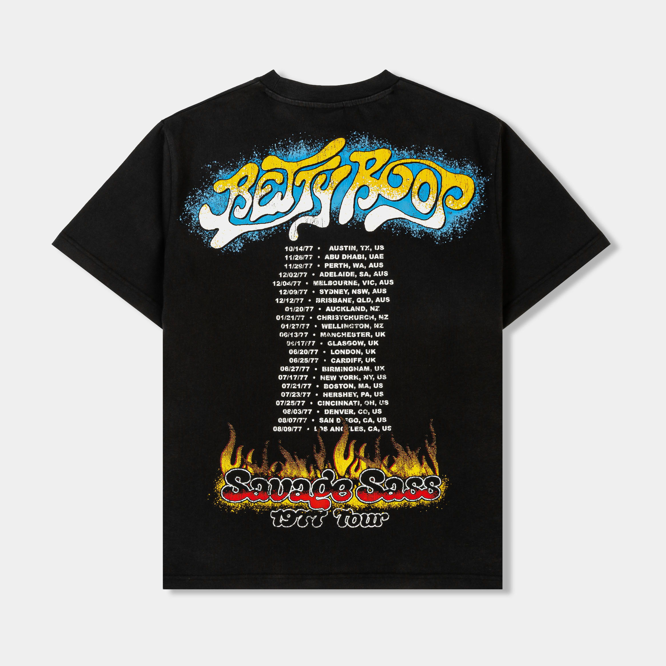 Black t-shirt featuring colorful Betty Boop graphic design.