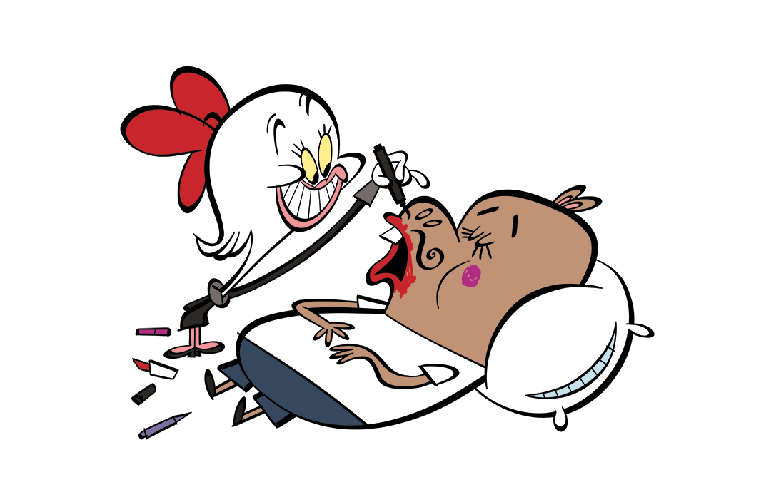 Illustrated character putting makeup on a sleeping character