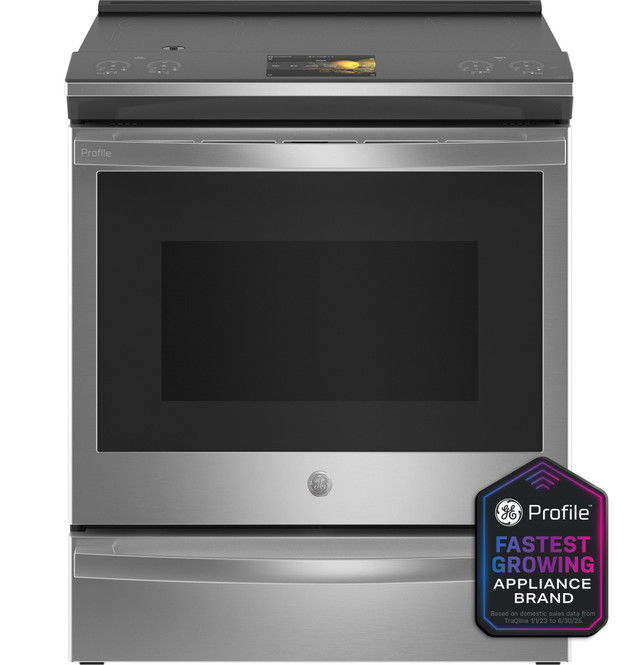 Stainless steel oven with a digital display and brand logo.