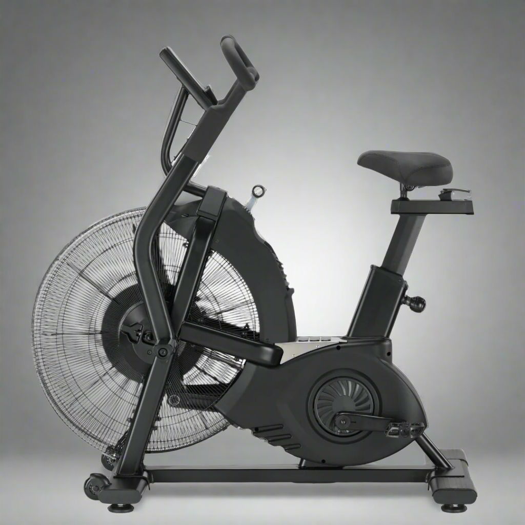 A black exercise bike with a fan and adjustable seat.