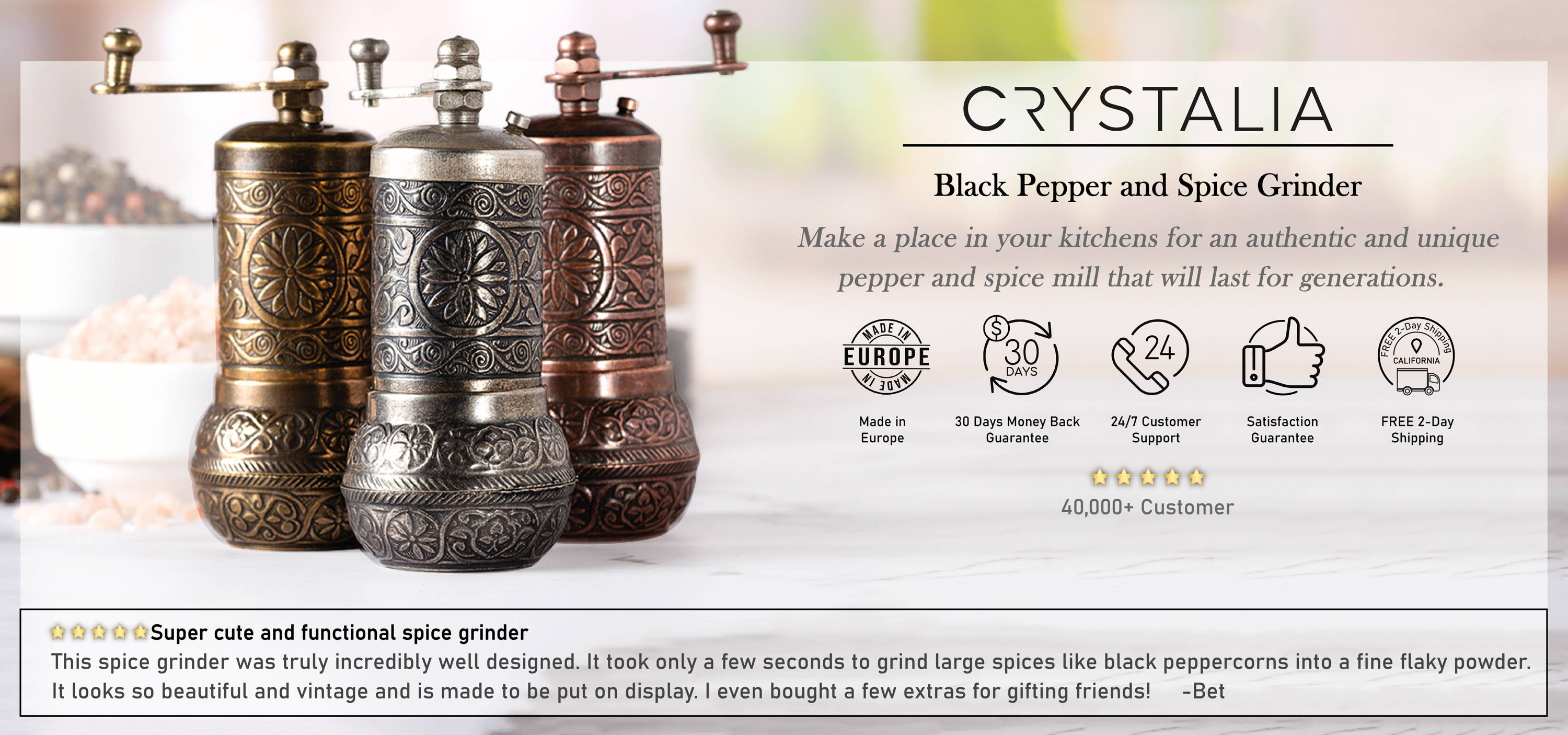 Crystalia Black Pepper Grinder, Refillable Turkish Spice Mill with  Adjustable Grinder, Manual Pepper Mill with Handle, Spice Grinder
