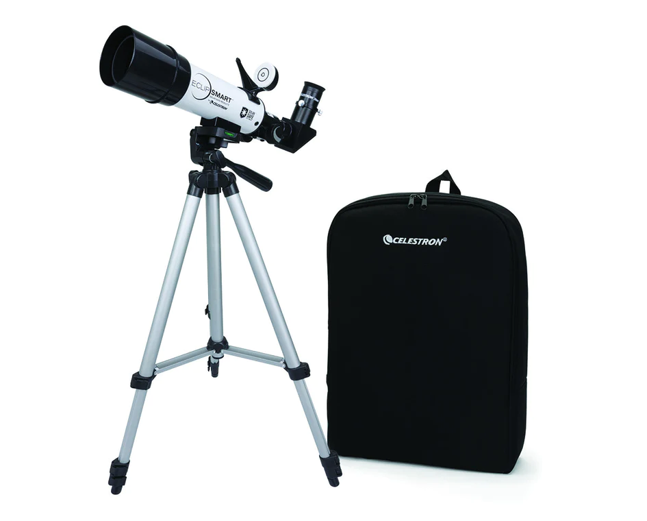 EclipSmart telescope with solar-safe filters. Comes with convenient knapsack for ultimate portability